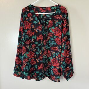 Torrid Red Floral Blouse Long Sleeve Pleated Top V-neck Buttons Fairy Size 3X